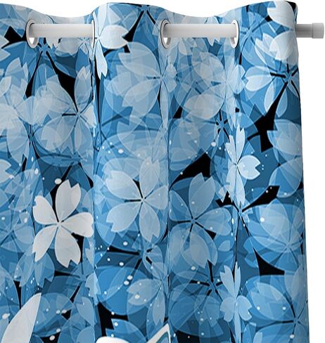 QOOMO Kawaii Axolotl Window Curtains for Kids Room 43W x 89L inch 2 Panels,Blue Cherry Window Drapes,Sparkling Stars Decorative Printed Curtains for Living Room Wall Decor Fabric in Saudi Arabia