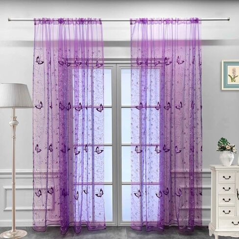 pureaqu Embroidery and Floral Butterfly Sheer Curtains Sequin Rod Pocket Process Voile Curtain/Drape Beautiful Tulle for Kids Balcony 1 Panel Purple W39xH63 in Saudi Arabia