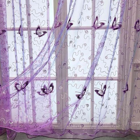 pureaqu Embroidery and Floral Butterfly Sheer Curtains Sequin Rod Pocket Process Voile Curtain/Drape Beautiful Tulle for Kids Balcony 1 Panel Purple W39xH63 in Saudi Arabia