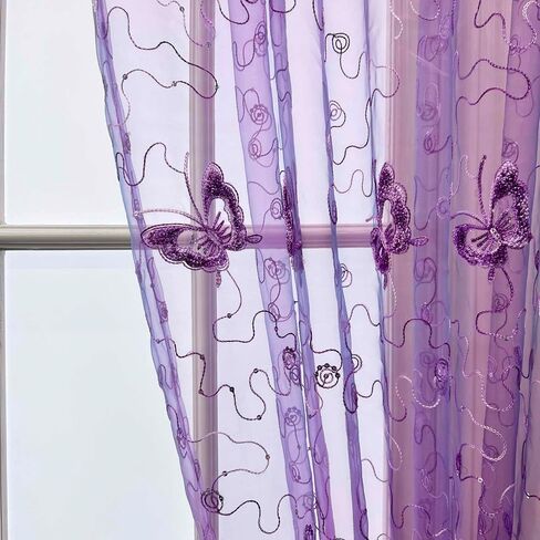 pureaqu Embroidery and Floral Butterfly Sheer Curtains Sequin Rod Pocket Process Voile Curtain/Drape Beautiful Tulle for Kids Balcony 1 Panel Purple W39xH63 in Saudi Arabia