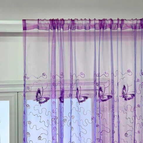 pureaqu Embroidery and Floral Butterfly Sheer Curtains Sequin Rod Pocket Process Voile Curtain/Drape Beautiful Tulle for Kids Balcony 1 Panel Purple W39xH63 in Saudi Arabia