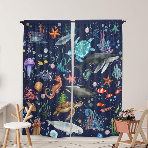 Nautical Coastal Window Curtains for Kids Teens Boys Girls, Ocean Sea Animals Turtle Whale Shark Print Curtains Bedroom Nursery Toddler Home Decor, Summer Rod Pocket Window Drapes 2 Panel, 84" in Saudi Arabia