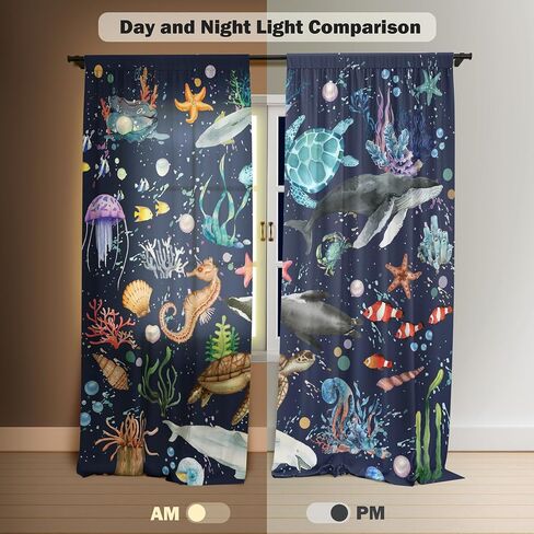 Nautical Coastal Window Curtains for Kids Teens Boys Girls, Ocean Sea Animals Turtle Whale Shark Print Curtains Bedroom Nursery Toddler Home Decor, Summer Rod Pocket Window Drapes 2 Panel, 84" in Saudi Arabia