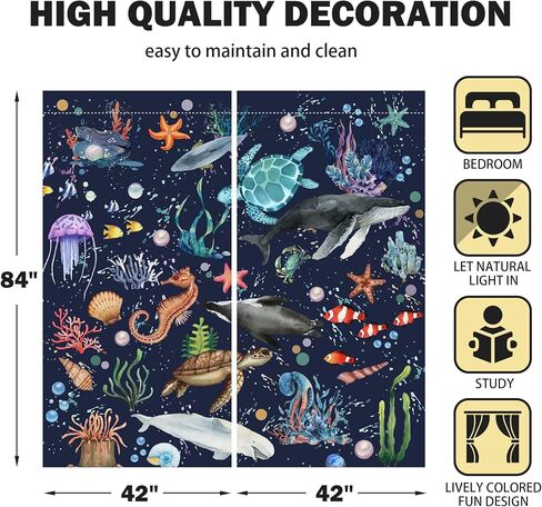 Nautical Coastal Window Curtains for Kids Teens Boys Girls, Ocean Sea Animals Turtle Whale Shark Print Curtains Bedroom Nursery Toddler Home Decor, Summer Rod Pocket Window Drapes 2 Panel, 84" in Saudi Arabia
