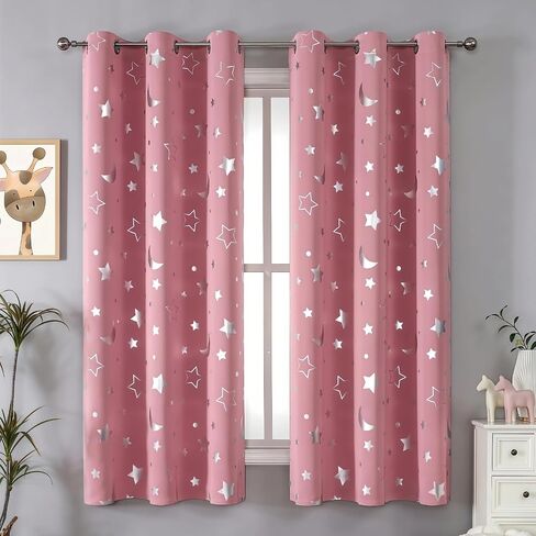 2 Panels Girls Blackout Curtains for Bedroom, Pink Star Moon Curtains for Boys Nursery Room, Dreamy Starry Sky Theme Room Decoration, Insulation and Privacy Protection (Pink, W52×L72) in Saudi Arabia