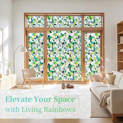 Finnez Stained Glass Window Privacy Film Decorative Rainbow Static Clings – No Glue, UV Blocking & Heat Control for Home Office, Green Leaf 17.5" x 78.7" in Saudi Arabia