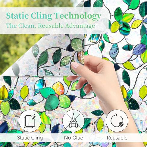 Finnez Stained Glass Window Privacy Film Decorative Rainbow Static Clings – No Glue, UV Blocking & Heat Control for Home Office, Green Leaf 17.5" x 78.7" in Saudi Arabia