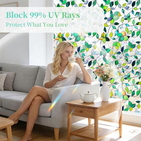 Finnez Stained Glass Window Privacy Film Decorative Rainbow Static Clings – No Glue, UV Blocking & Heat Control for Home Office, Green Leaf 17.5" x 78.7" in Saudi Arabia