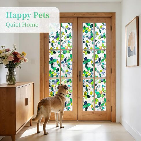 Finnez Stained Glass Window Privacy Film Decorative Rainbow Static Clings – No Glue, UV Blocking & Heat Control for Home Office, Green Leaf 17.5" x 78.7" in Saudi Arabia