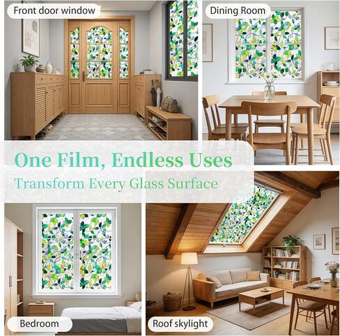Finnez Stained Glass Window Privacy Film Decorative Rainbow Static Clings – No Glue, UV Blocking & Heat Control for Home Office, Green Leaf 17.5" x 78.7" in Saudi Arabia