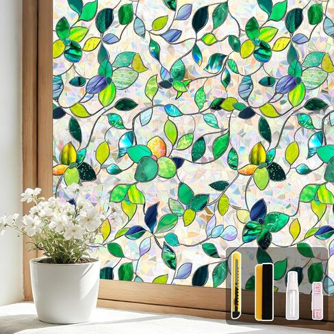 Finnez Stained Glass Window Privacy Film Decorative Rainbow Static Clings – No Glue, UV Blocking & Heat Control for Home Office, Green Leaf 17.5" x 78.7" in Saudi Arabia