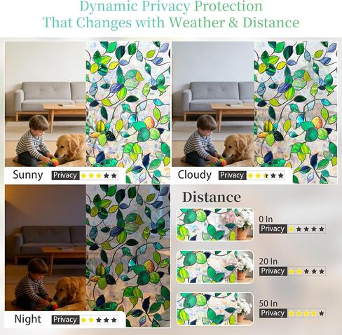 Finnez Stained Glass Window Privacy Film Decorative Rainbow Static Clings – No Glue, UV Blocking & Heat Control for Home Office, Green Leaf 17.5" x 78.7" in Saudi Arabia