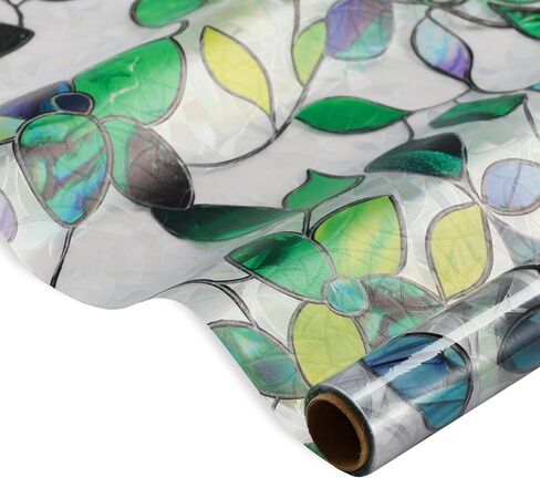 Finnez Stained Glass Window Privacy Film Decorative Rainbow Static Clings – No Glue, UV Blocking & Heat Control for Home Office, Green Leaf 17.5" x 78.7" in Saudi Arabia
