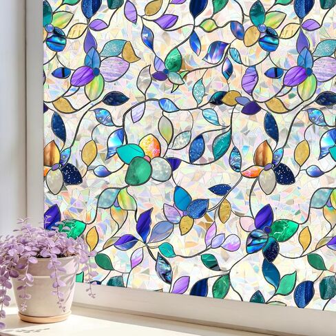 Finnez Stained Glass Window Privacy Film Decorative Rainbow Static Clings – No Glue, UV Blocking & Heat Control for Home Office, Green Leaf 17.5" x 78.7" in Saudi Arabia