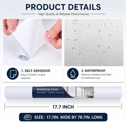 Soqool Frosted Window Privacy Film Self Adhesive Peel and Stick, Privacy Glass Windows Film for Bathroom Shower Door, Anti-UV, Anti-Glare, Heat Blocking Window Cover, 17.7 x 78.7 Inch in Saudi Arabia