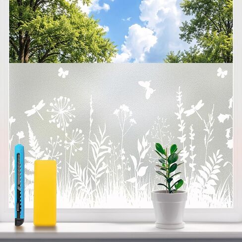 Window Privacy Film 17.7" x 78.7", Frosted Glass Window Film with Floral Pattern Decorative Privacy Window Film Static Cling No Glue Light Filtering UV Blocking for Home Bathroom Office in Saudi Arabia