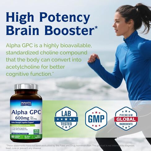 Innate Vitality Alpha GPC 600mg, Highly Bioavailable Choline Supplement for Acetylcholine, Extra Strength, Supports Healthy Memory, Focus and Clarity, 60 Vegan Capsules in Saudi Arabia