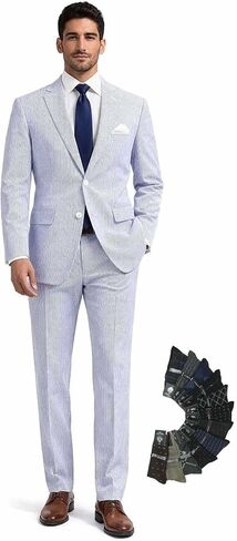 Men's Seersucker 2-Piece Suit – Modern Fit, Adjustable Waist, Lightweight, Includes Socks in Kuwait