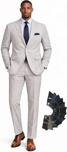 Men's Seersucker 2-Piece Suit – Modern Fit, Adjustable Waist, Lightweight, Includes Socks in Kuwait