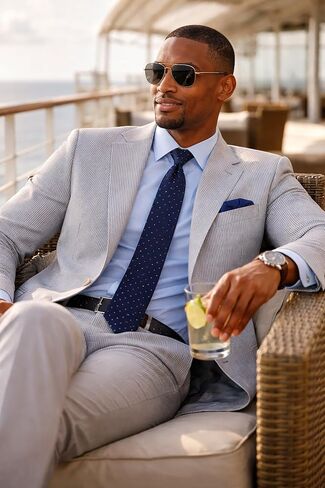 Men's Seersucker 2-Piece Suit – Modern Fit, Adjustable Waist, Lightweight, Includes Socks in Kuwait