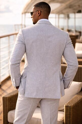 Men's Seersucker 2-Piece Suit – Modern Fit, Adjustable Waist, Lightweight, Includes Socks in Kuwait