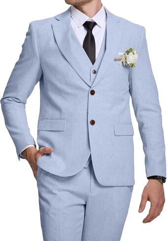 Furuyal Mens Linen Suit 3 Pieces Vintage Retro Wedding Prom Suits Slim Fit Jacket Blazer Vest Pant Groom Tuxedos in Saudi Arabia