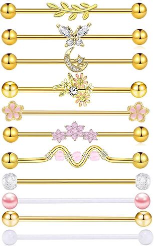 Industrial Piercing Jewelry Gold Cute Industrial Bar 14G Surgical Stainless Steel Industrial Earrings Chain Butterfly Flower Heart Industrial Barbell 1 1/2"(38mm) Bar Length in Saudi Arabia