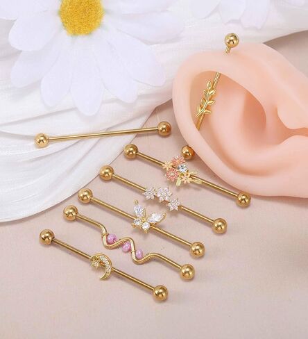 Industrial Piercing Jewelry Gold Cute Industrial Bar 14G Surgical Stainless Steel Industrial Earrings Chain Butterfly Flower Heart Industrial Barbell 1 1/2"(38mm) Bar Length in Saudi Arabia
