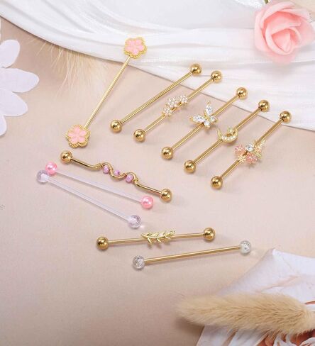 Industrial Piercing Jewelry Gold Cute Industrial Bar 14G Surgical Stainless Steel Industrial Earrings Chain Butterfly Flower Heart Industrial Barbell 1 1/2"(38mm) Bar Length in Saudi Arabia