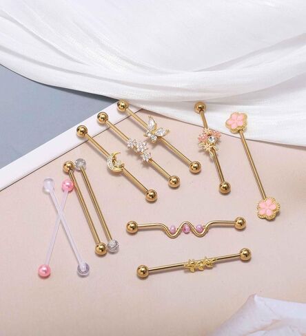 Industrial Piercing Jewelry Gold Cute Industrial Bar 14G Surgical Stainless Steel Industrial Earrings Chain Butterfly Flower Heart Industrial Barbell 1 1/2"(38mm) Bar Length in Saudi Arabia