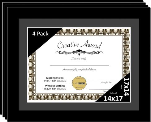 Creative Picture Frames 14x17 Manhattan Black Certificate Degree Graduation Frame with White Mat Including Glass | Frames Holds 16x20 Media Without Mat (Pack of 4) in Saudi Arabia