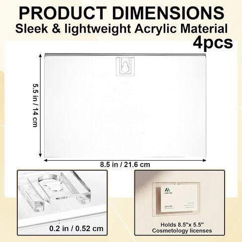 Amyhill 4 Pcs Clear Acrylic Business License Frame for Wall Cosmetology License Frame 8.5 x 5.5 x 0.2 Inches with Hanging Buckle Acrylic Display Certificate Holder for Salon Spa Office Business in Saudi Arabia