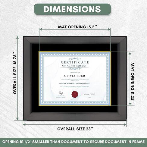 CountryArtHouse 15.75x20 Black Diploma Frame Solid Wood - Black on Gold Double Mat - Displays 11.75x16 Diplomas with Mat or 15.75x20 Inch Without Mat - With Acrylic Front and Foam Board Backing in Kuwait