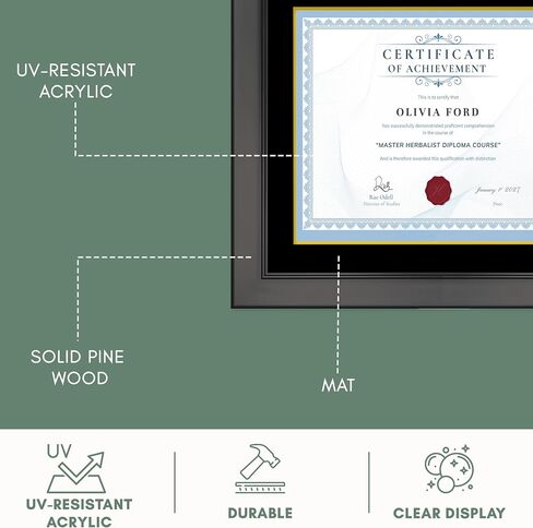 CountryArtHouse 15.75x20 Black Diploma Frame Solid Wood - Black on Gold Double Mat - Displays 11.75x16 Diplomas with Mat or 15.75x20 Inch Without Mat - With Acrylic Front and Foam Board Backing in Kuwait