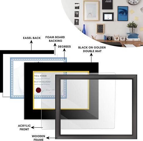 CountryArtHouse 15.75x20 Black Diploma Frame Solid Wood - Black on Gold Double Mat - Displays 11.75x16 Diplomas with Mat or 15.75x20 Inch Without Mat - With Acrylic Front and Foam Board Backing in Kuwait