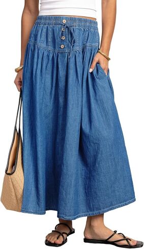 Flowyair Women Denim Midi Skirts Drawstring High Waisted A-Line Jean Skirts | casual trendy, button front, pleated, jean long skirts with pockets, flowy,mid-length skirts, seam deaign in Saudi Arabia