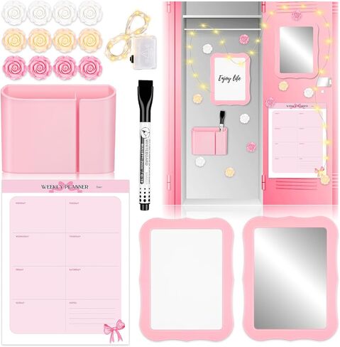 17 Pcs Locker Accessories Kit, Pink Magnetic Mirror, Magnetic Pen Holder, Whiteboard, Cute Flower Magnet and Organizing Supplies Cute Locker Decor Backing for Girls in Middle School in Kuwait