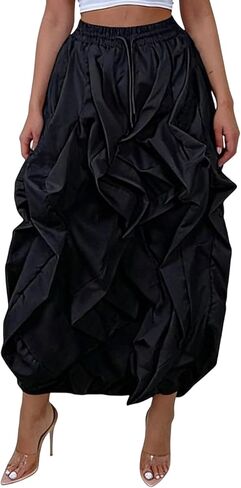 Women's Pleated Maxi Skirt High Waist Drawstring Cargo Long Skirt Y2k Back Slit Stretch Bubble Skirt with Pockets in Saudi Arabia