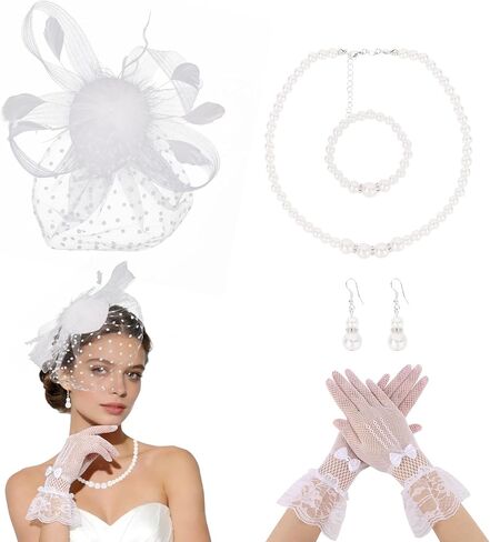 5PCS White Fascinators Hats for Women Girls, Tea Party Hats with Flower Mesh Lace Gloves Pearl Jewelry, 1920s Elegant Headwear Set Vintage Hair Accessories for Horse Races Wedding Cocktail in Saudi Arabia