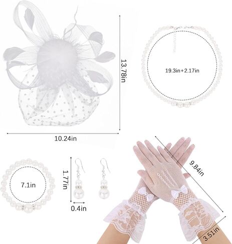 5PCS White Fascinators Hats for Women Girls, Tea Party Hats with Flower Mesh Lace Gloves Pearl Jewelry, 1920s Elegant Headwear Set Vintage Hair Accessories for Horse Races Wedding Cocktail in Saudi Arabia
