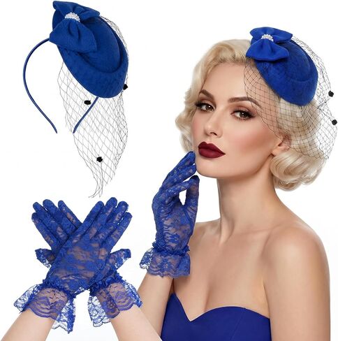 Womens Fascinators Hat and Tea Party Gloves Set Veil Fascinator Retro Pillbox Hats for Wedding Cocktail Dresses Accessories in Kuwait