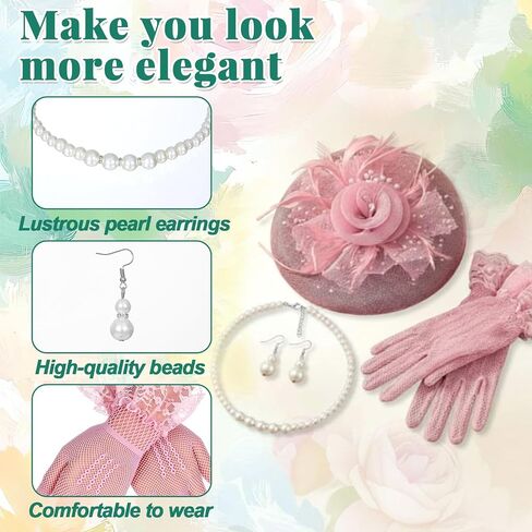 36 Pcs Tea Party Hats and Gloves Fascinators Hats for Women Pearl Necklaces Bracelets and Earrings for Vintage Derby Party Wedding Horse Racing Outfit Accessories in Kuwait