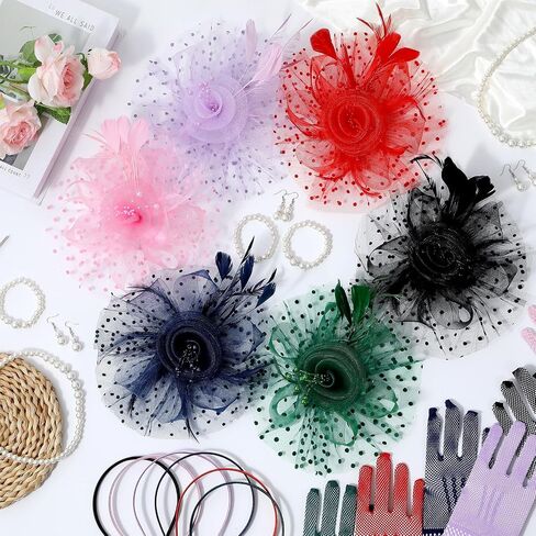 36 Pcs Tea Party Hats and Gloves Fascinators Hats for Women Pearl Necklaces Bracelets and Earrings for Vintage Derby Party Wedding Horse Racing Outfit Accessories in Kuwait