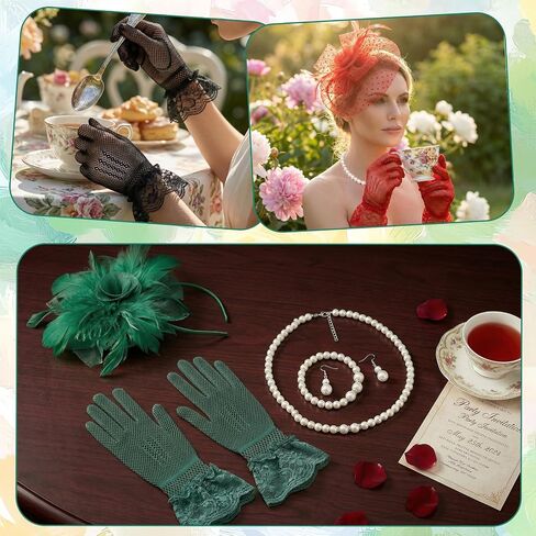 36 Pcs Tea Party Hats and Gloves Fascinators Hats for Women Pearl Necklaces Bracelets and Earrings for Vintage Derby Party Wedding Horse Racing Outfit Accessories in Kuwait