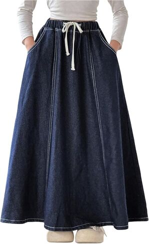 OYOANGLE Girl's High Waisted Tie Front Maxi Denim Skirt Loose Flare A Line Jean Skirt with Pockets in Kuwait