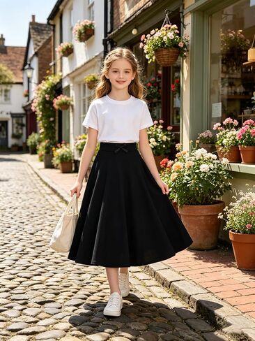 7-14Y Girls Casual Midi Skirt A-Line Flowy Swing Skirt with Bow Elastic Waist for Kids in Saudi Arabia
