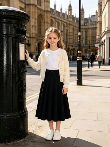 7-14Y Girls Casual Midi Skirt A-Line Flowy Swing Skirt with Bow Elastic Waist for Kids in Saudi Arabia