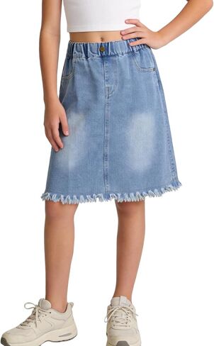 Happy Cherry Girls Denim Skirt Elastic Waist A-Line Jean Skirt Knee Length for Summer in Kuwait