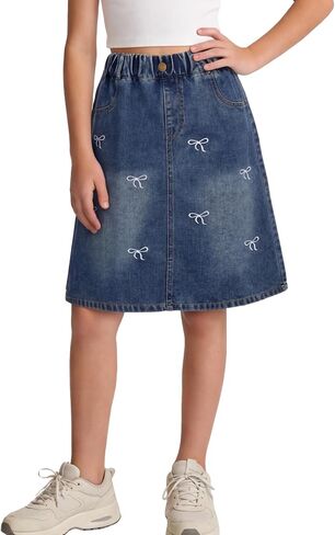 Happy Cherry Girls Denim Skirt Elastic Waist A-Line Jean Skirt Knee Length for Summer in Kuwait