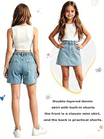 YesFashion Girls Denim Skorts Casual Mini Jean Skirt Front Jean Shorts Back Stretch High Waist Jean Skirt for Kids in Kuwait